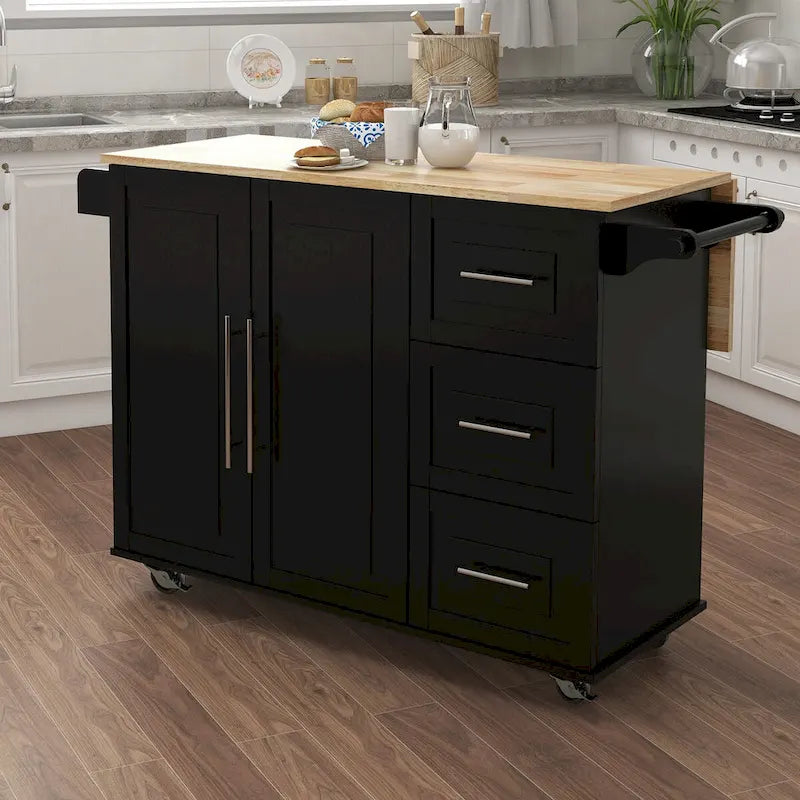 Rolling Kitchen Island with Drop-Leaf Top, Spice Rack and Towel Rack