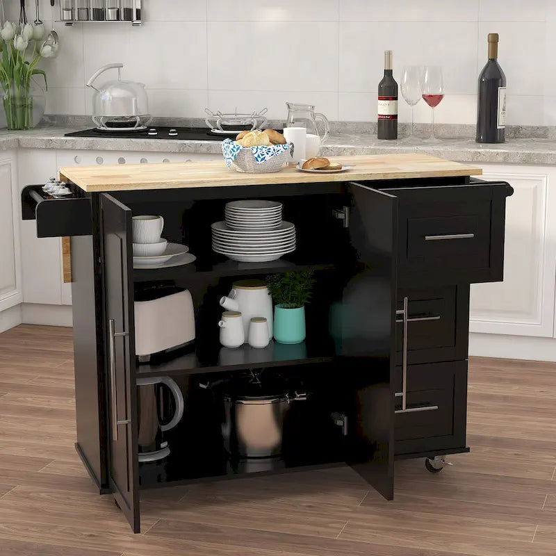 Rolling Kitchen Island with Drop-Leaf Top, Spice Rack and Towel Rack