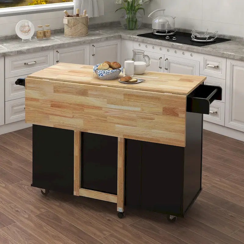 Rolling Kitchen Island with Drop-Leaf Top, Spice Rack and Towel Rack