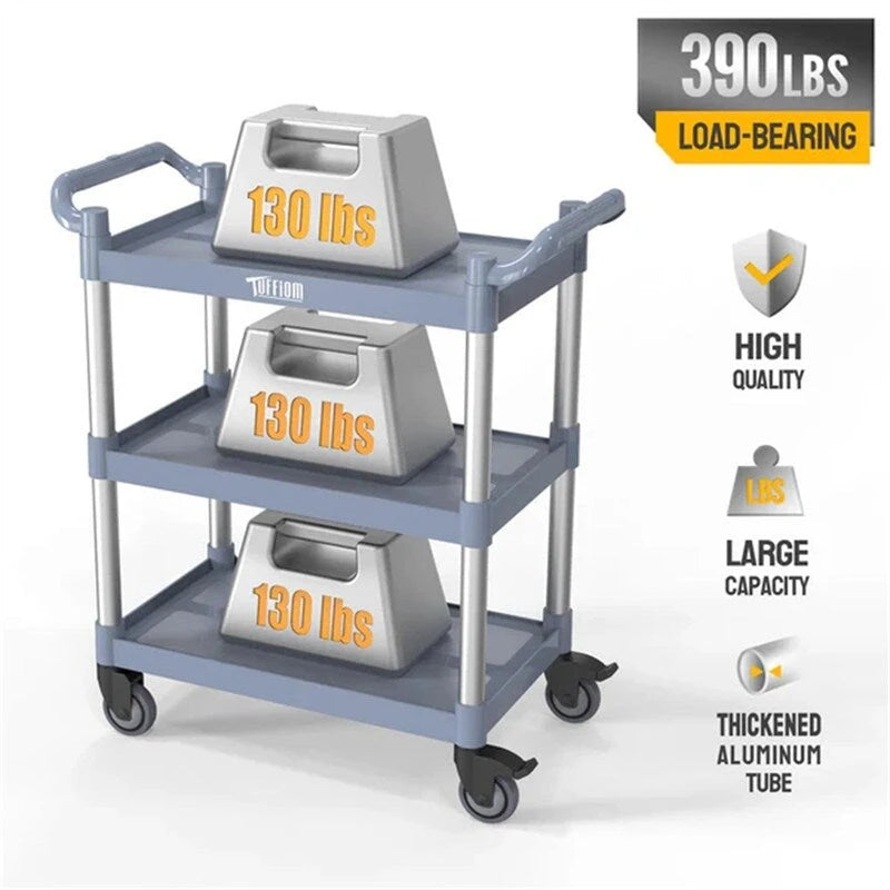 3-Tier Gray Utility Cart with Wheels, 390 lb Capacity