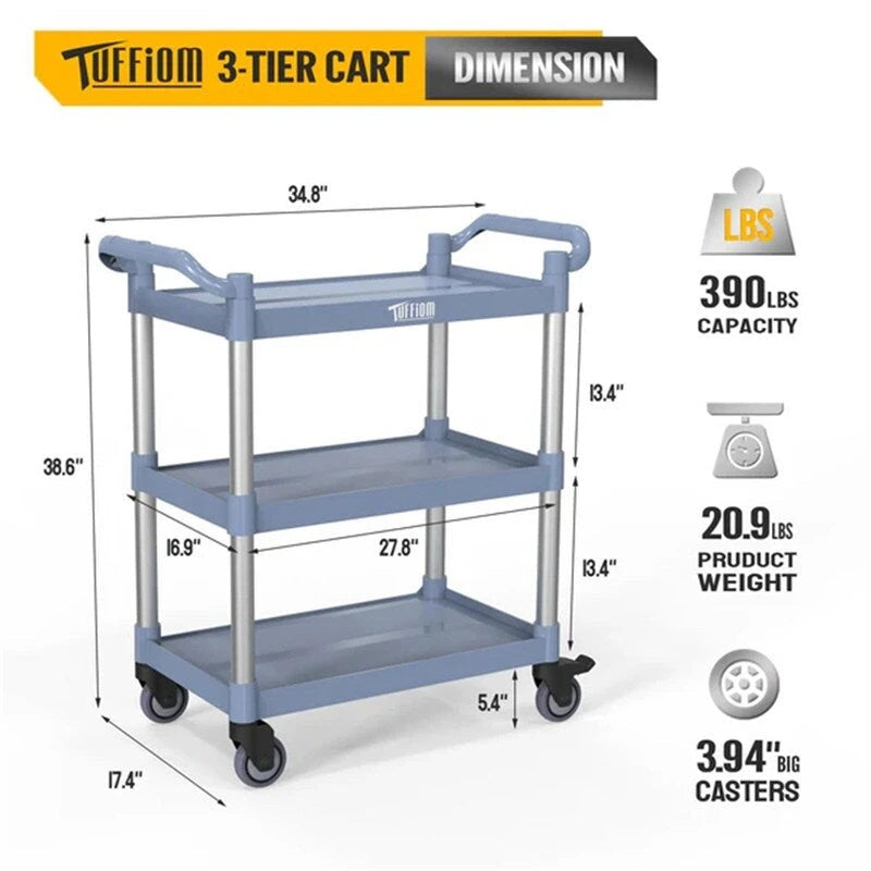 3-Tier Gray Utility Cart with Wheels, 390 lb Capacity