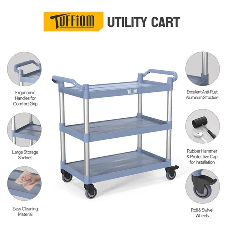 3-Tier Gray Utility Cart with Wheels, 390 lb Capacity