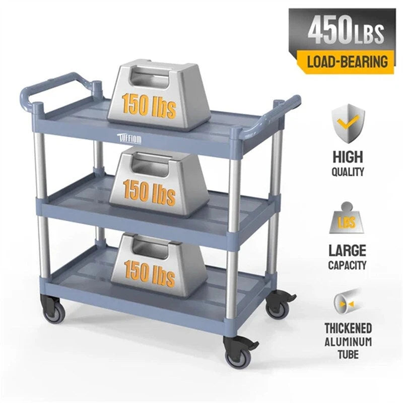 3-Tier Gray Utility Cart with Wheels, 390 lb Capacity