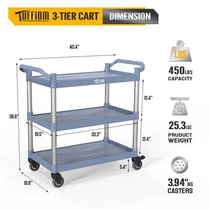 3-Tier Gray Utility Cart with Wheels, 390 lb Capacity
