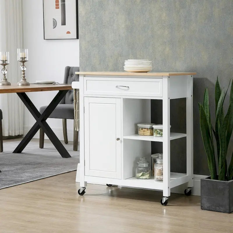 Rolling Kitchen Island Cart with Rubberwood Top and Storage