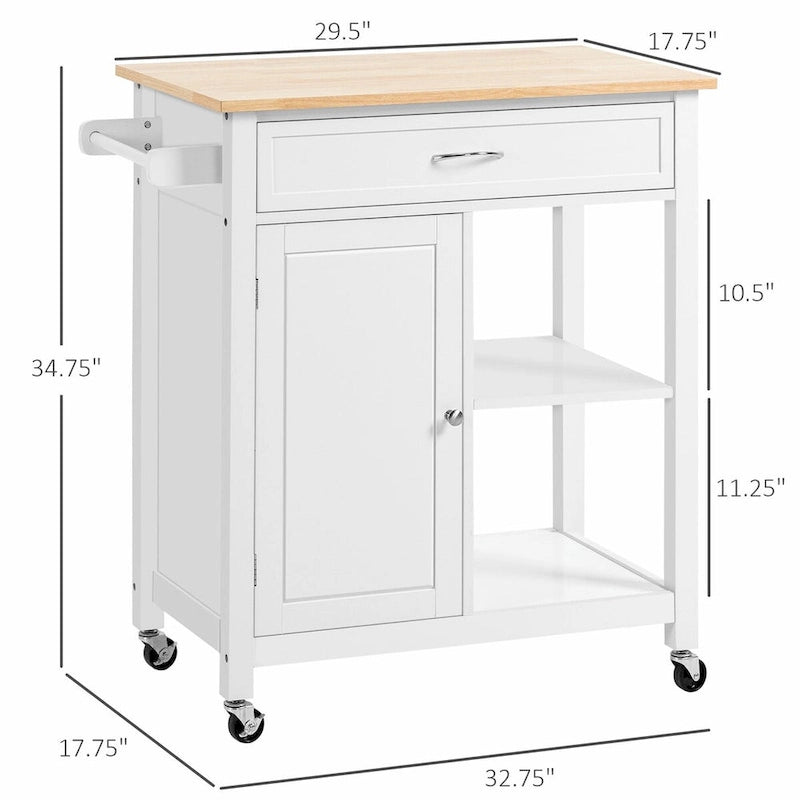 Rolling Kitchen Island Cart with Rubberwood Top and Storage