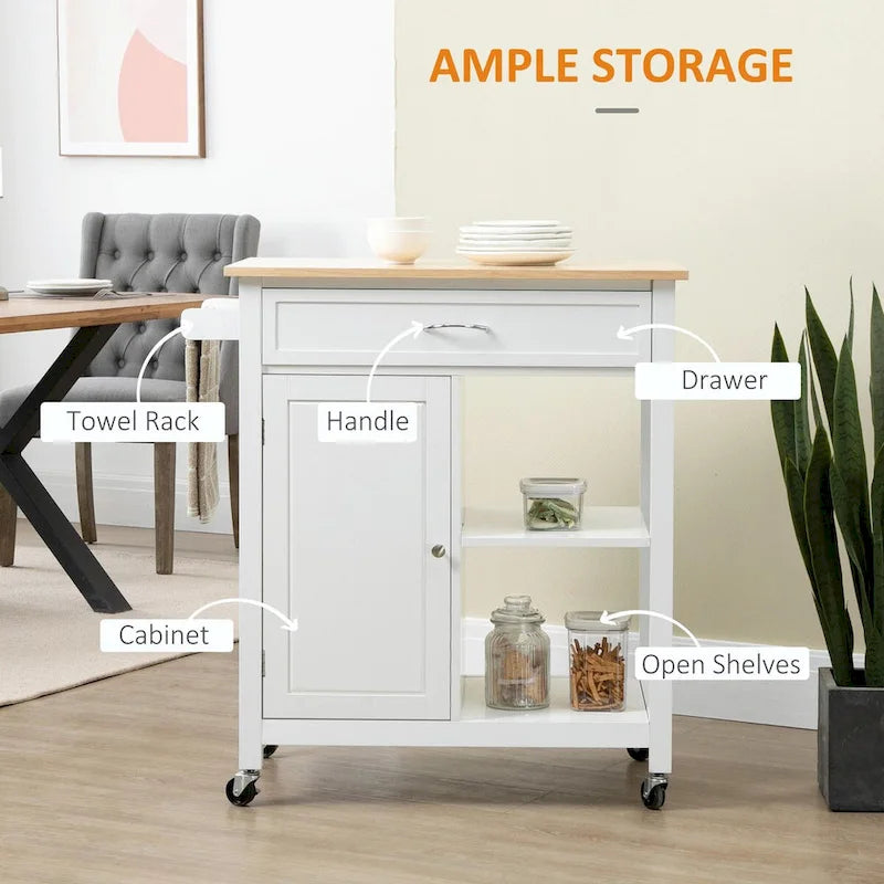 Rolling Kitchen Island Cart with Rubberwood Top and Storage
