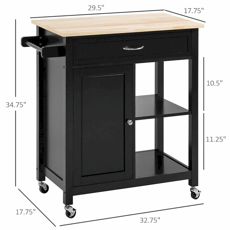Rolling Kitchen Island Cart with Rubberwood Top and Storage