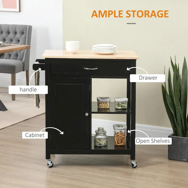 Rolling Kitchen Island Cart with Rubberwood Top and Storage