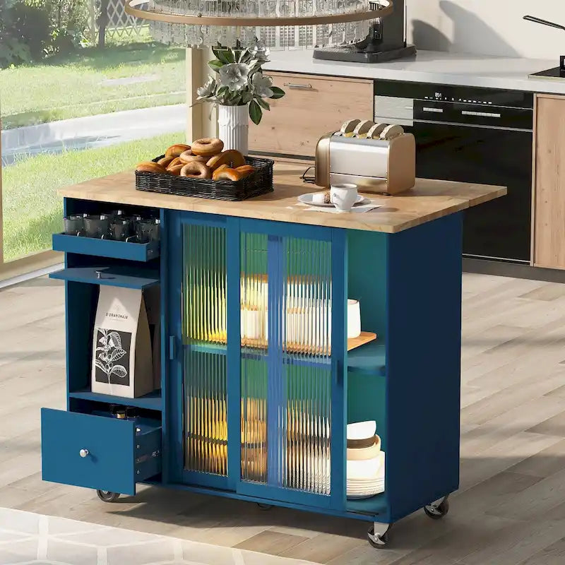 Rolling Kitchen Island with Drop Leaf, Glass Doors and LED Light