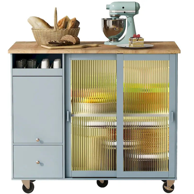 Rolling Kitchen Island with Drop Leaf, Glass Doors and LED Light