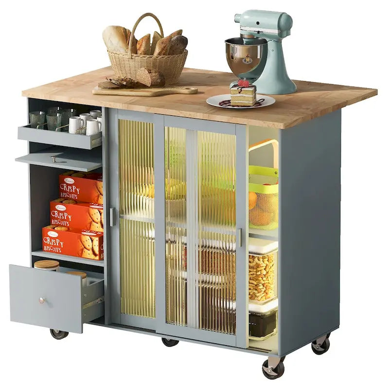 Rolling Kitchen Island with Drop Leaf, Glass Doors and LED Light