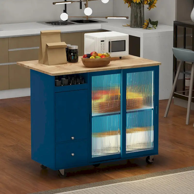 Rolling Kitchen Island with Drop Leaf, Glass Doors and LED Light