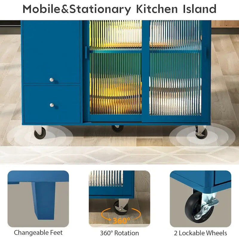 Rolling Kitchen Island with Drop Leaf, Glass Doors and LED Light