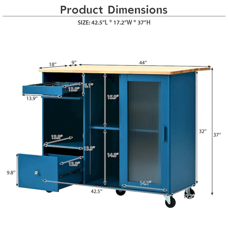 Rolling Kitchen Island with Drop Leaf, Glass Doors and LED Light
