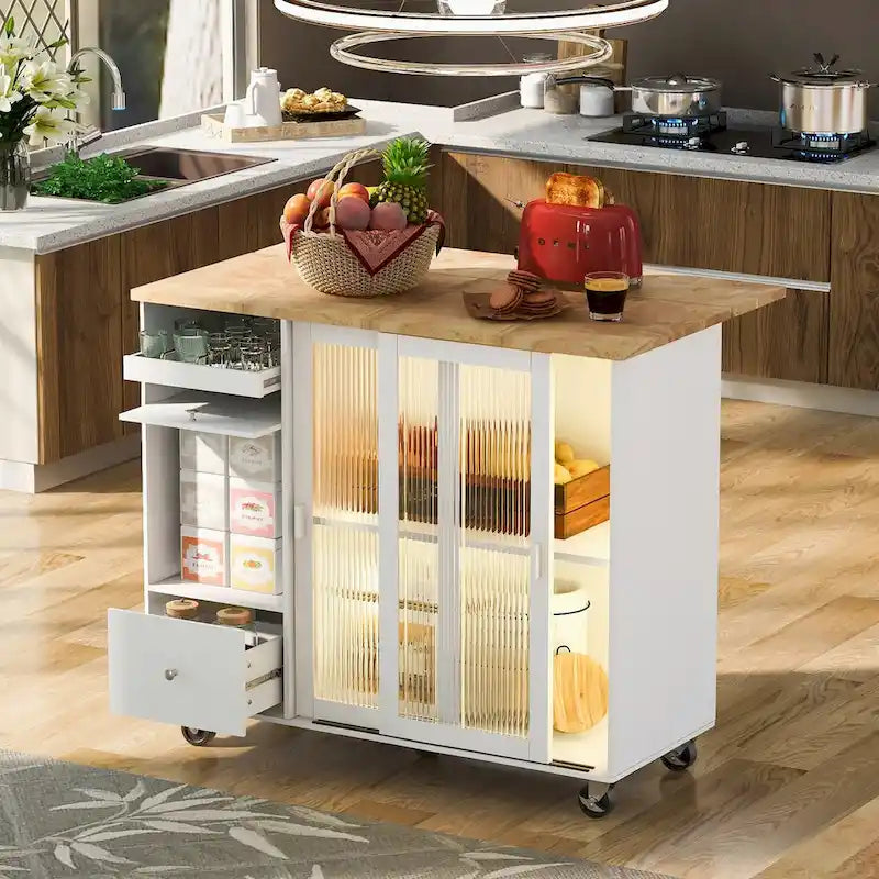 Rolling Kitchen Island with Drop Leaf, Glass Doors and LED Light