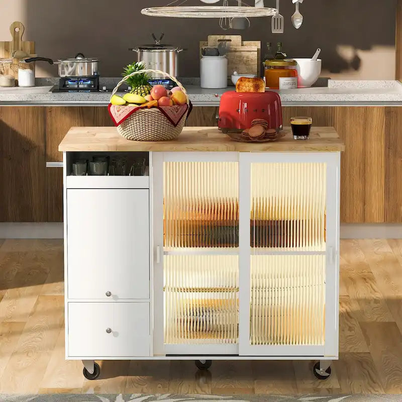 Rolling Kitchen Island with Drop Leaf, Glass Doors and LED Light