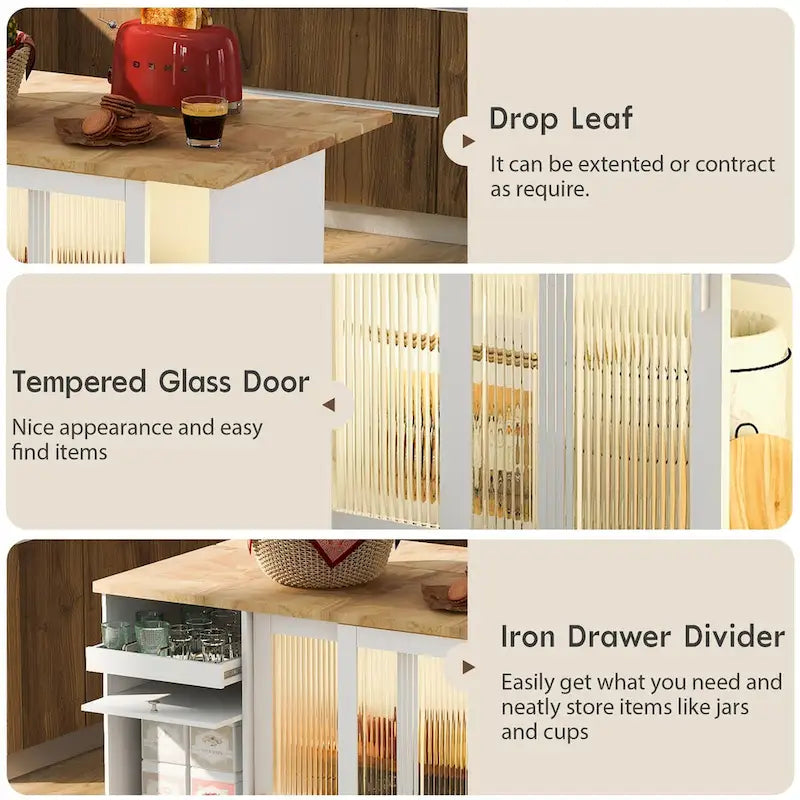 Rolling Kitchen Island with Drop Leaf, Glass Doors and LED Light