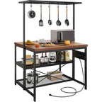 Mesa isla de cocina de 3 niveles con tomas de corriente y almacenamiento