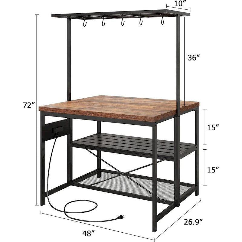 3-Tier Kitchen Island Table with Power Outlets and Storage
