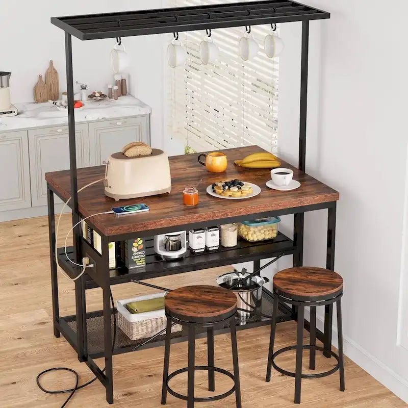 3-Tier Kitchen Island Table with Power Outlets and Storage