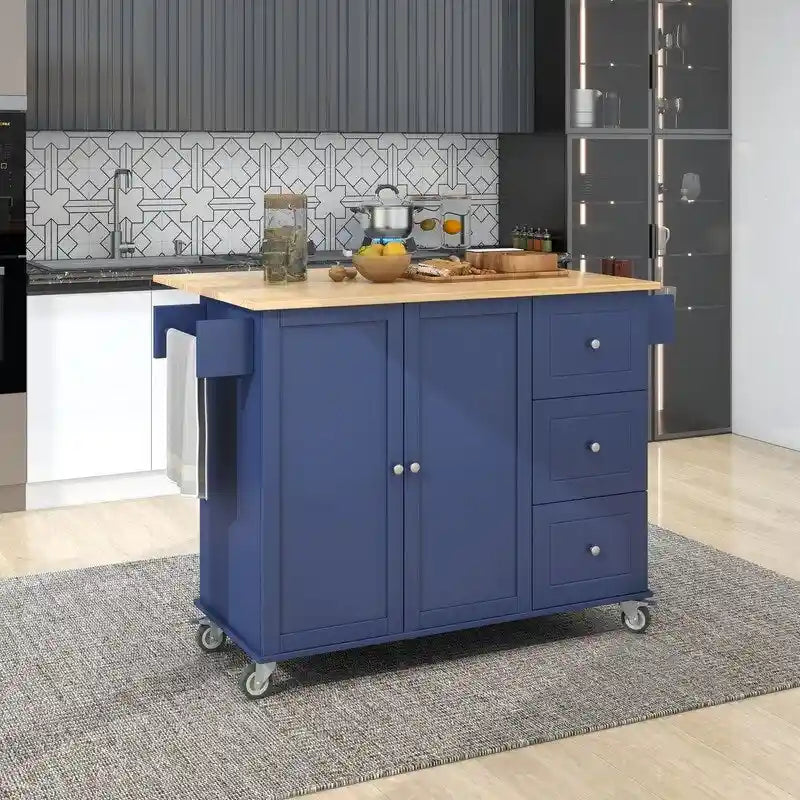 Rolling Kitchen Island with Solid Wood Top and Drop Leaf