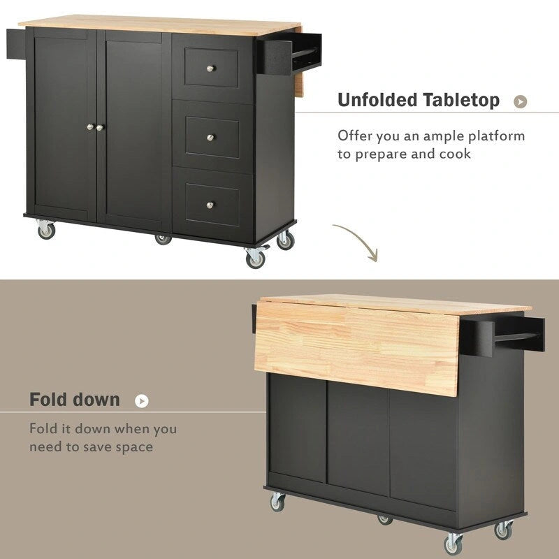 Rolling Kitchen Island with Solid Wood Top and Drop Leaf