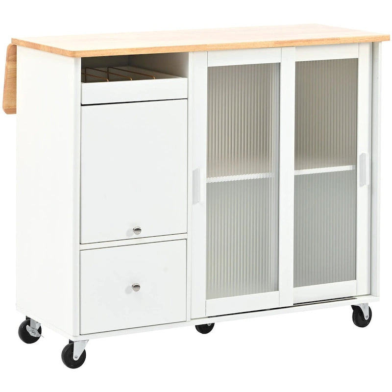 Rolling Kitchen Cart with Rubberwood Drop-Leaf Top and Storage