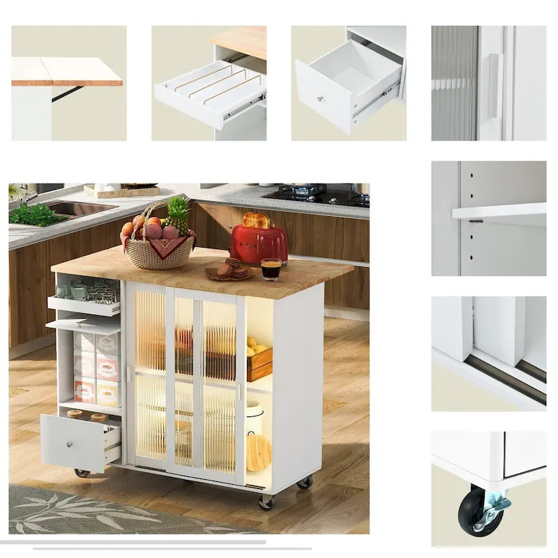 Rolling Kitchen Cart with Rubberwood Drop-Leaf Top and Storage