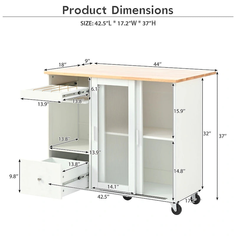 Rolling Kitchen Cart with Rubberwood Drop-Leaf Top and Storage