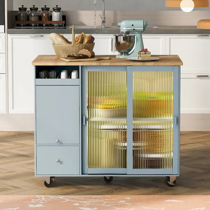 Rolling Kitchen Cart with Rubberwood Drop-Leaf Top and Storage