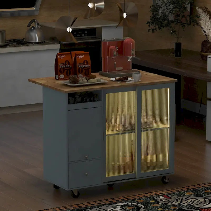 Rolling Kitchen Cart with Rubberwood Drop-Leaf Top and Storage