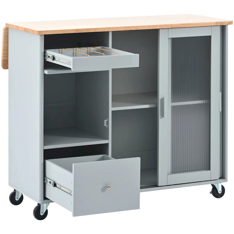 Rolling Kitchen Cart with Rubberwood Drop-Leaf Top and Storage