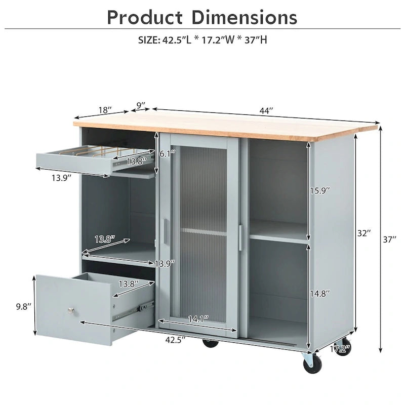 Rolling Kitchen Cart with Rubberwood Drop-Leaf Top and Storage