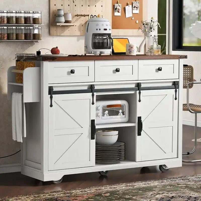 Rolling Farmhouse Kitchen Island with Drop Leaf and Power Outlets