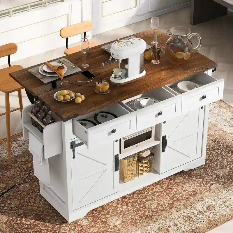 Rolling Farmhouse Kitchen Island with Drop Leaf and Power Outlets