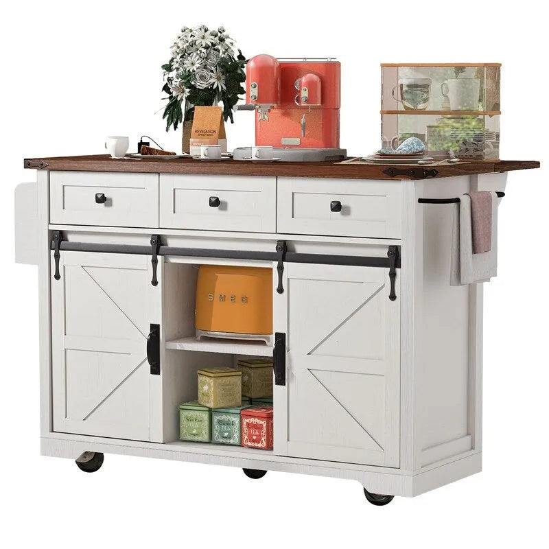 Rolling Farmhouse Kitchen Island with Drop Leaf and Power Outlets