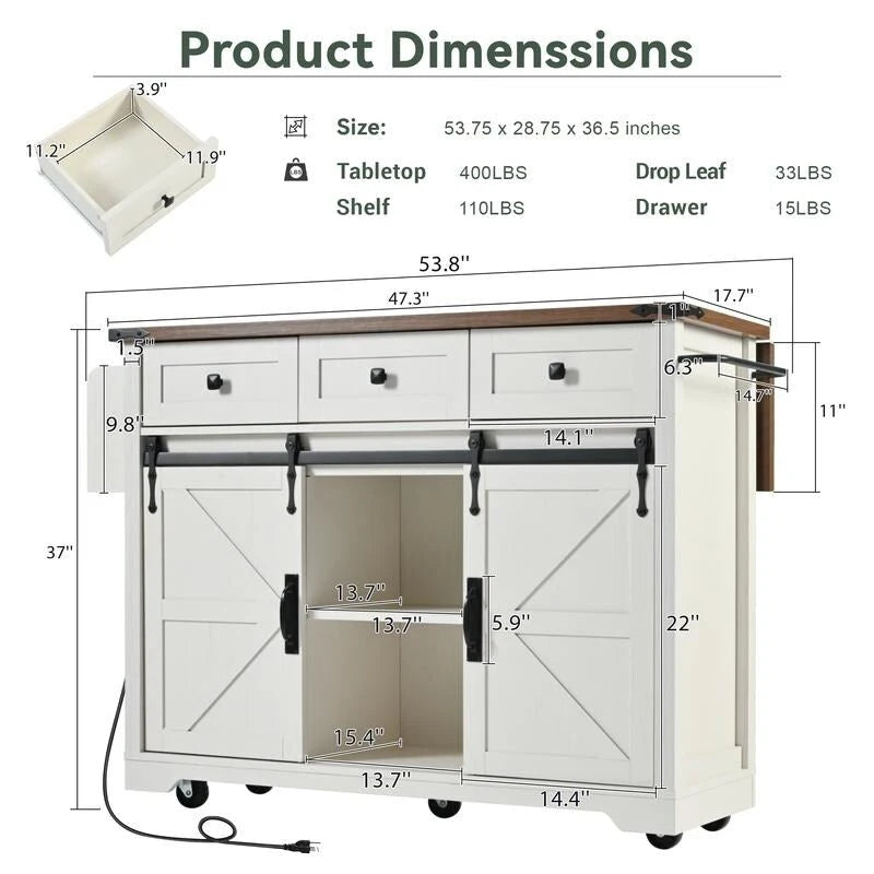 Rolling Farmhouse Kitchen Island with Drop Leaf and Power Outlets