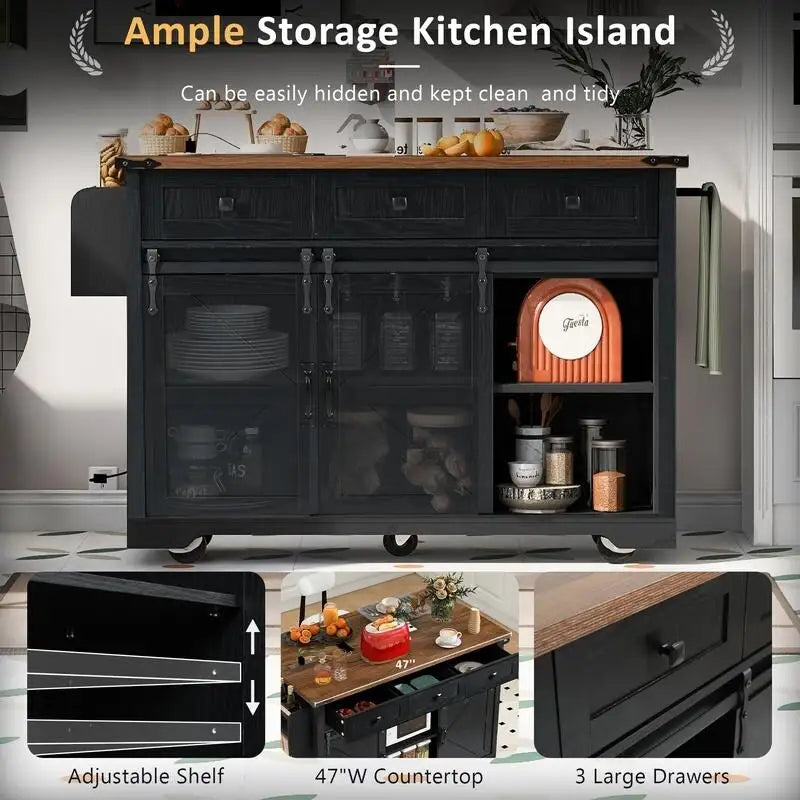 Rolling Farmhouse Kitchen Island with Drop Leaf and Power Outlets