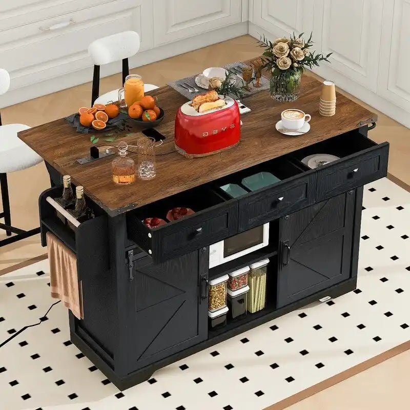 Rolling Farmhouse Kitchen Island with Drop Leaf and Power Outlets
