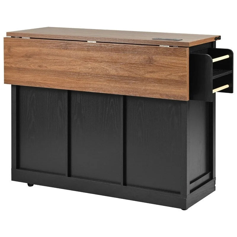 Rolling Farmhouse Kitchen Island with Drop Leaf and Power Outlets