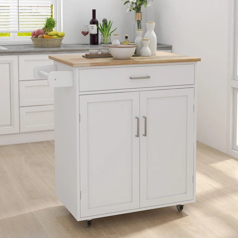 White Rolling Kitchen Island with Wood Top and Storage