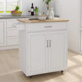White Rolling Kitchen Island with Wood Top and Storage