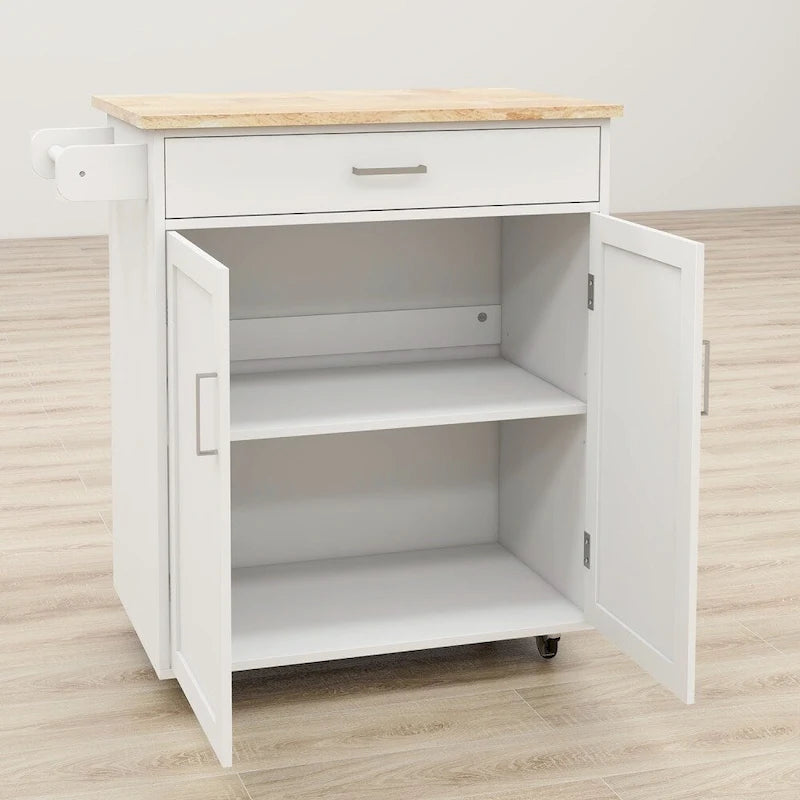 White Rolling Kitchen Island with Wood Top and Storage