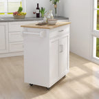Îlot de cuisine roulant blanc avec plateau en bois et rangement