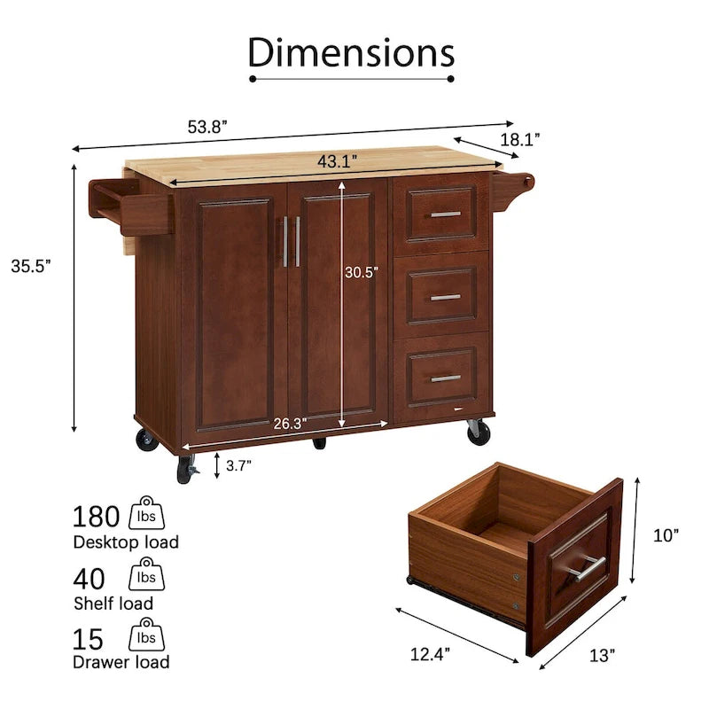 Rolling Kitchen Island Cart with Drop-Leaf Countertop and Barn Door