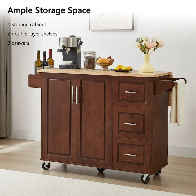 Rolling Kitchen Island Cart with Drop-Leaf Countertop and Barn Door