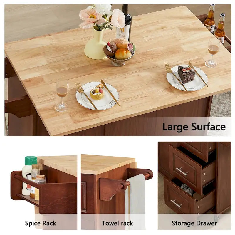 Rolling Kitchen Island Cart with Drop-Leaf Countertop and Barn Door