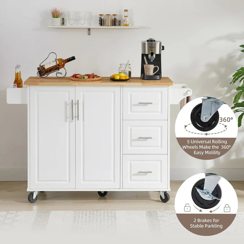 Rolling Kitchen Island Cart with Drop-Leaf Countertop and Barn Door