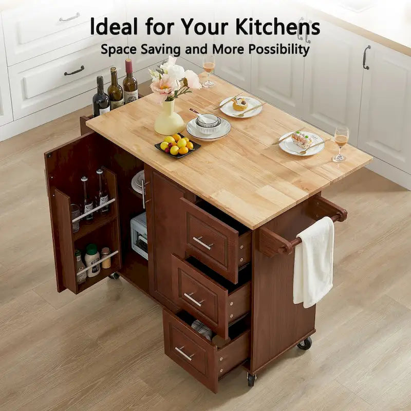 Rolling Kitchen Island with Drop-Leaf Countertop
